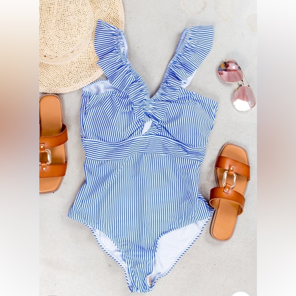 Blue and White Striped Swimsuit